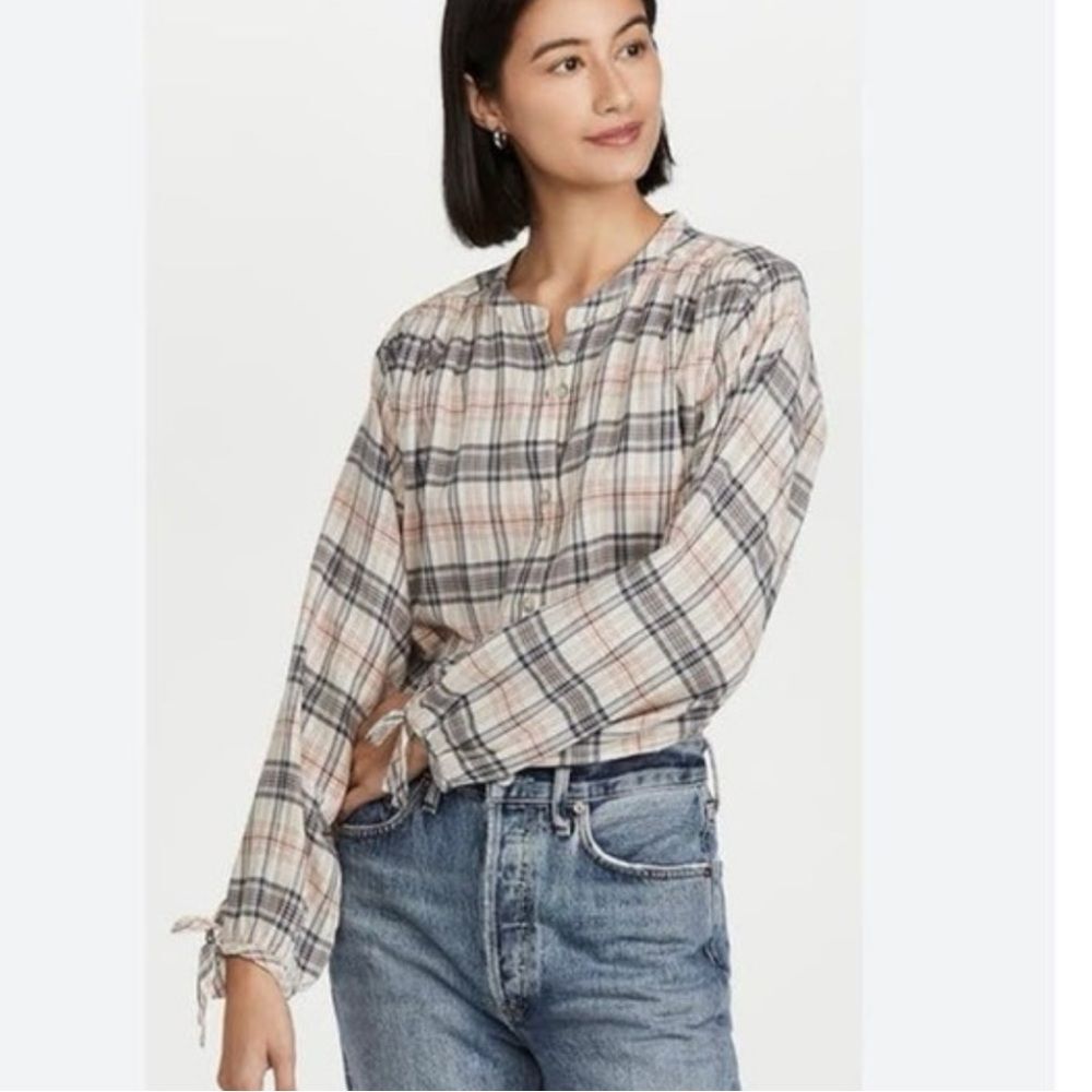 Faherty Women’s Everleigh Plaid Boho Tie Sleeve Blouse Top Size M